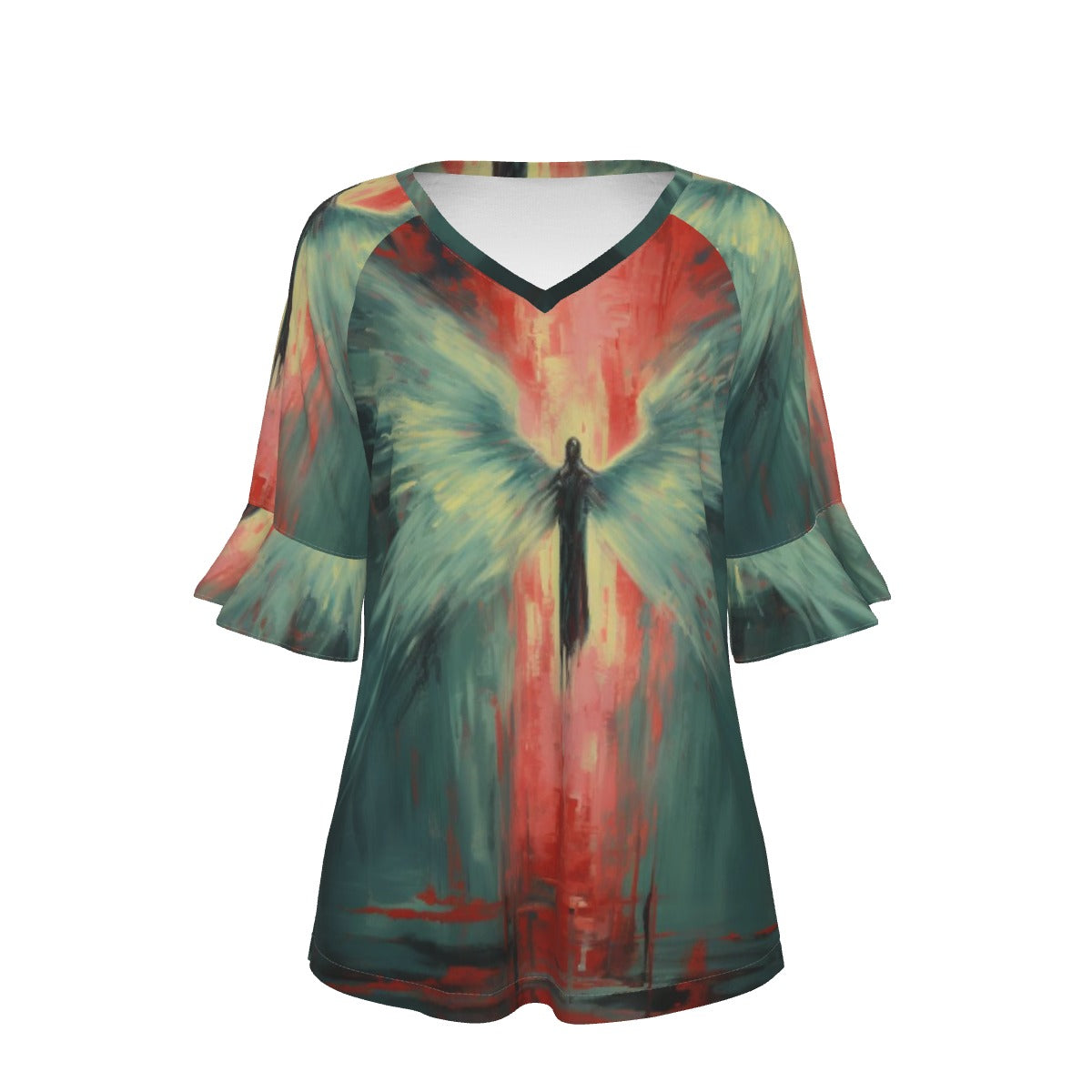 All-Over Print V-neck Women's T-shirt With Bell Sleeve