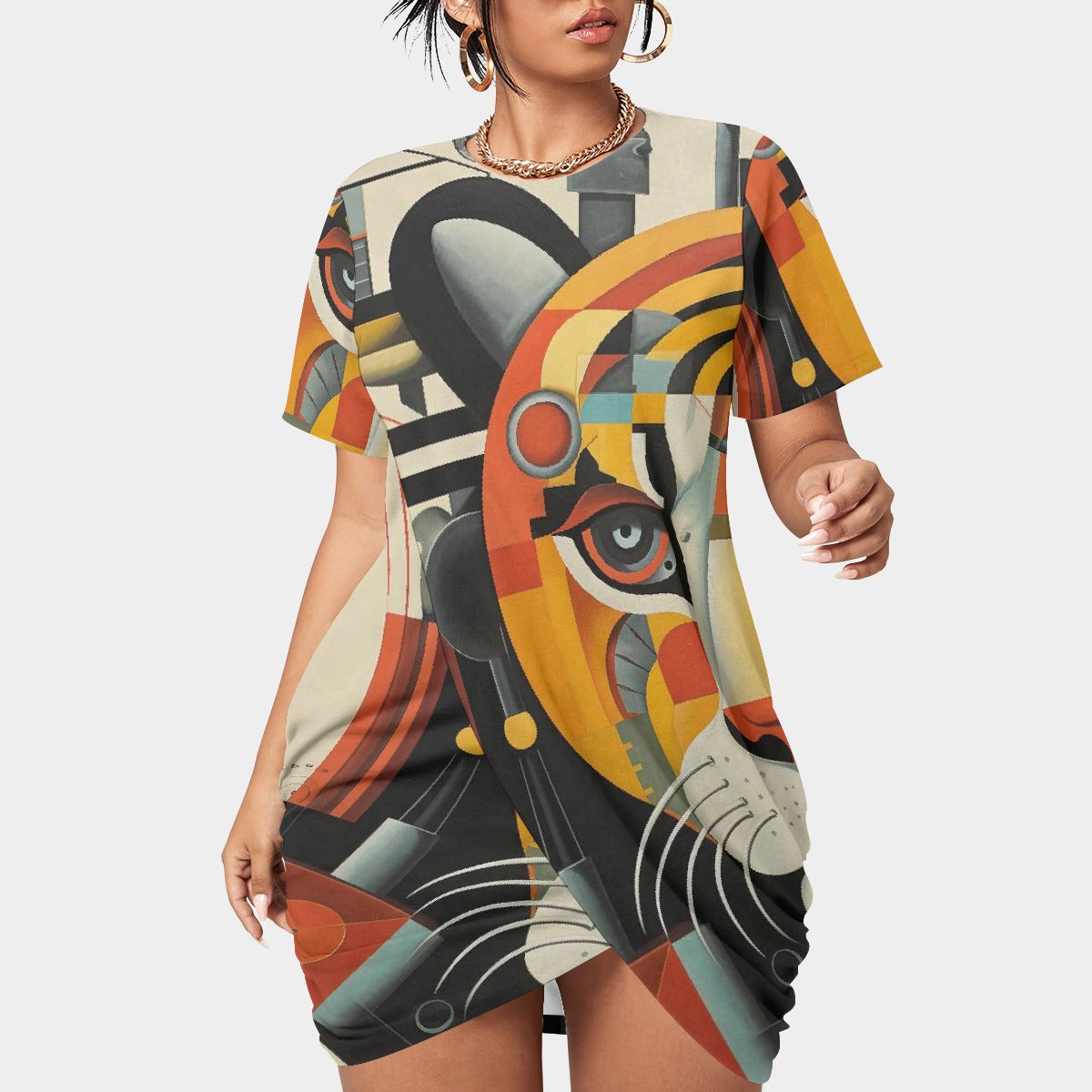 All-Over Print Women’s Stacked Hem Dress With Short Sleeve（Plus Size）