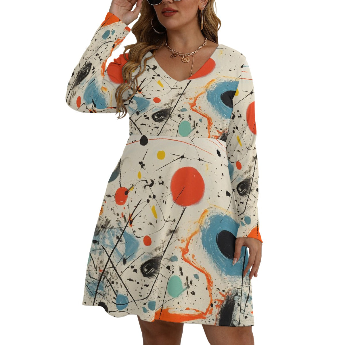 All-Over Print Women's V-neck Long Sleeve Dress(Plus Size)