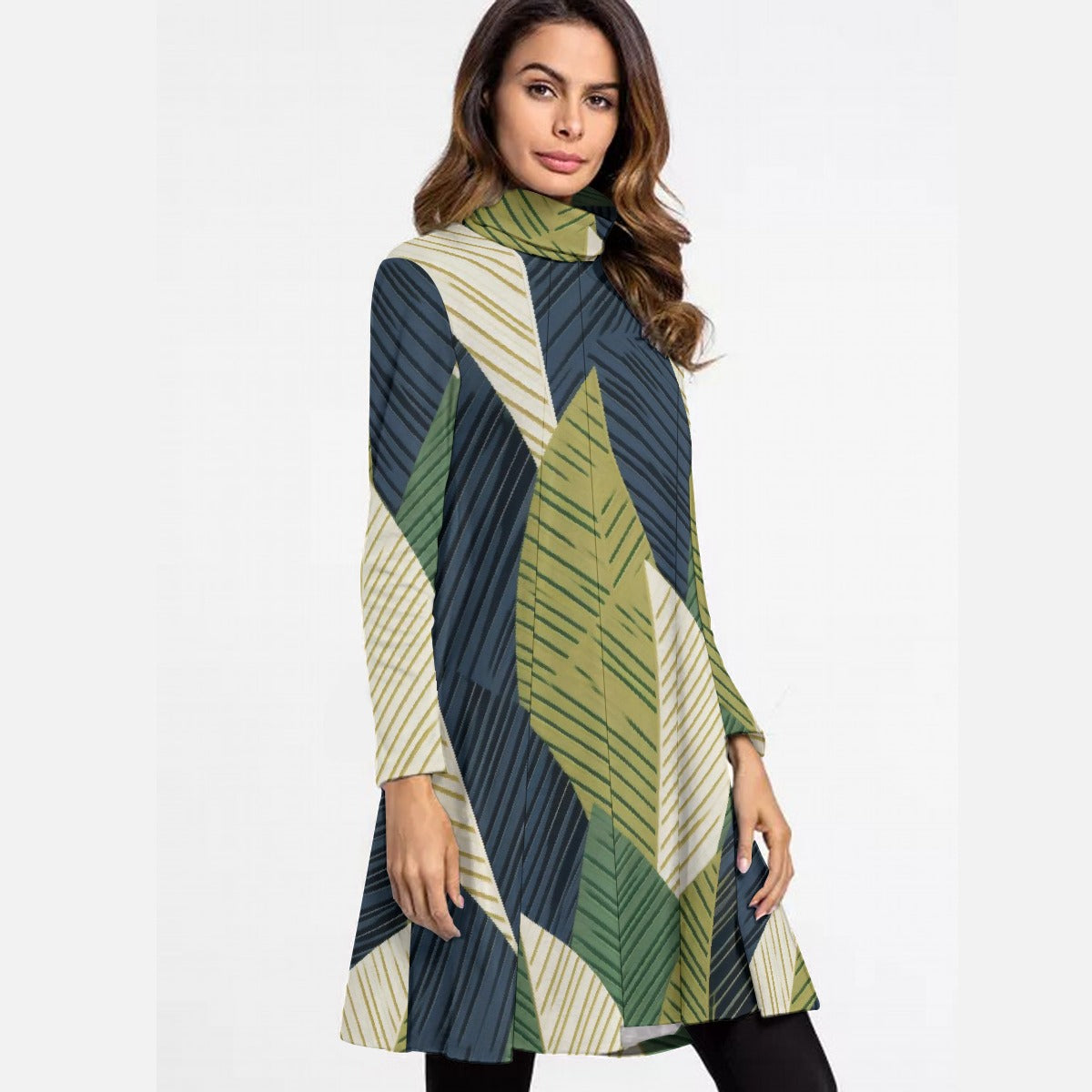 All-Over Print Women's High Neck Dress With Long Sleeve