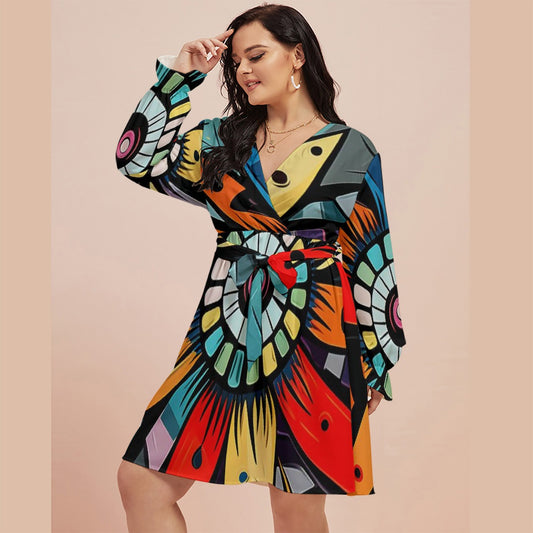 All-Over Print Women's V-neck Dress With Waistband(Plus Size)