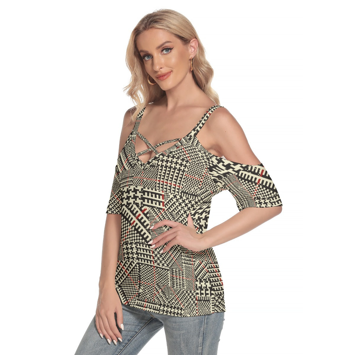 All-Over Print Women's Cold Shoulder T-shirt With Criss Cross Strips