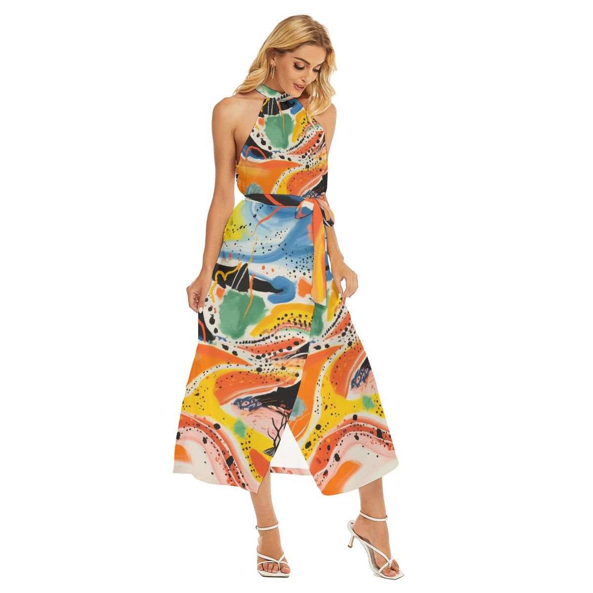 All-Over Print Women's Wrap Hem Belted Halter Dress