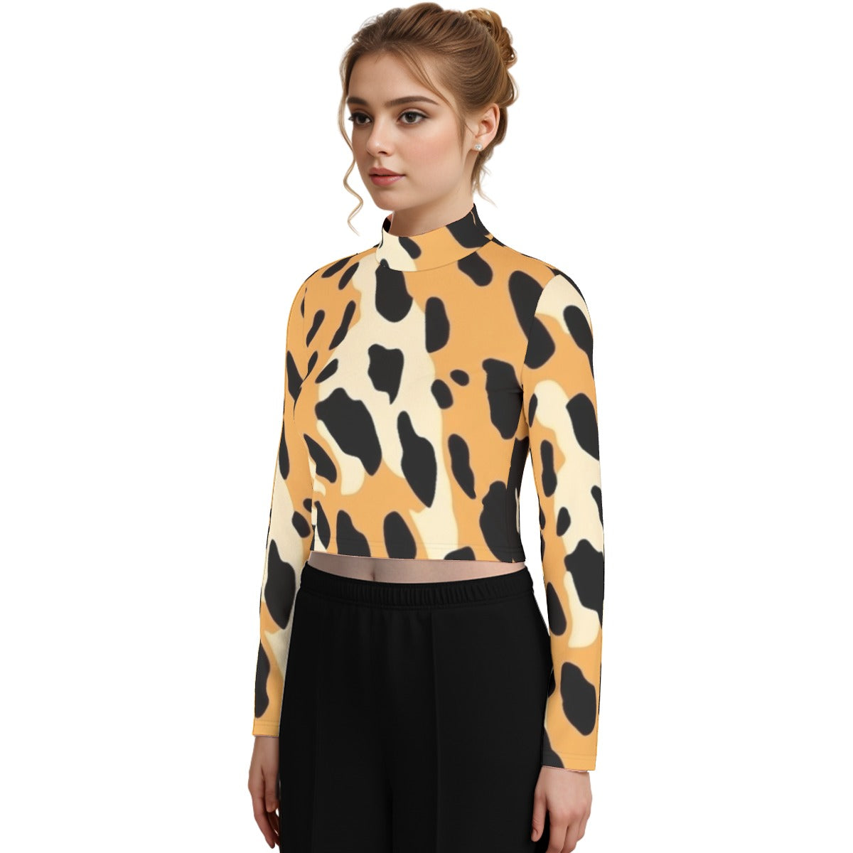 Eco-Friendly All-Over Print Women's Turtleneck T-shirt With Long Sleeve