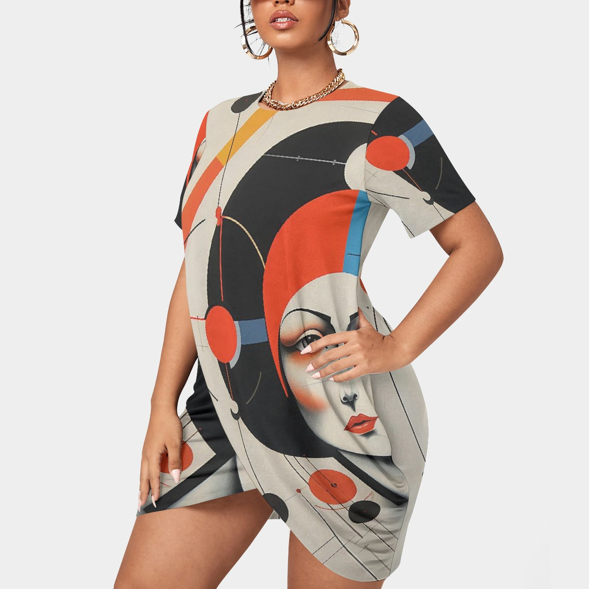 All-Over Print Women’s Stacked Hem Dress With Short Sleeve（Plus Size）