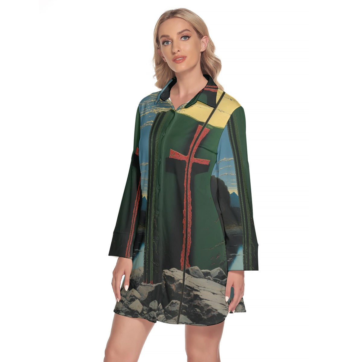 All-Over Print Women's Lapel Shirt Dress With Long Sleeve