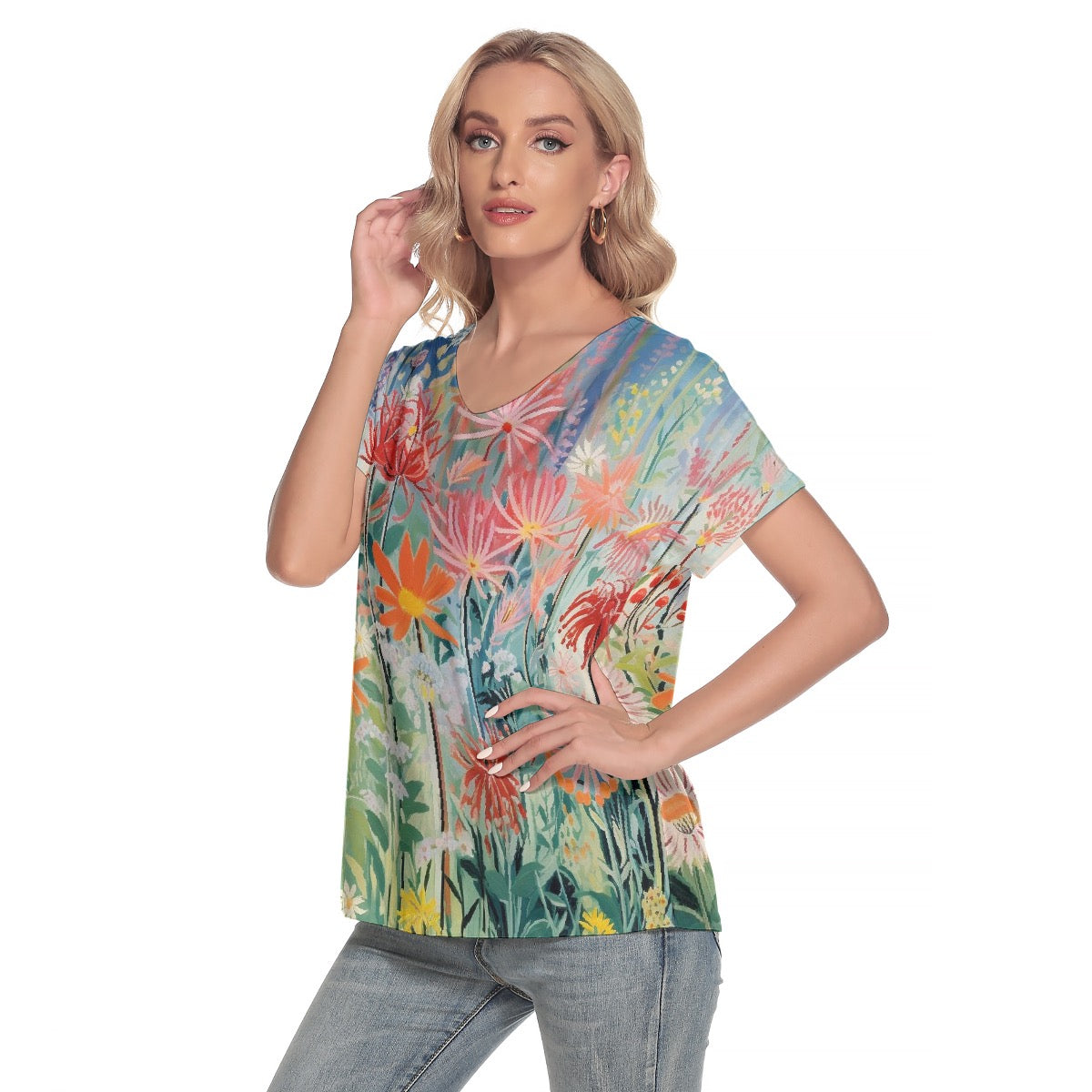 All-Over Print Women's Loose V-neck Short Sleeve T-shirt