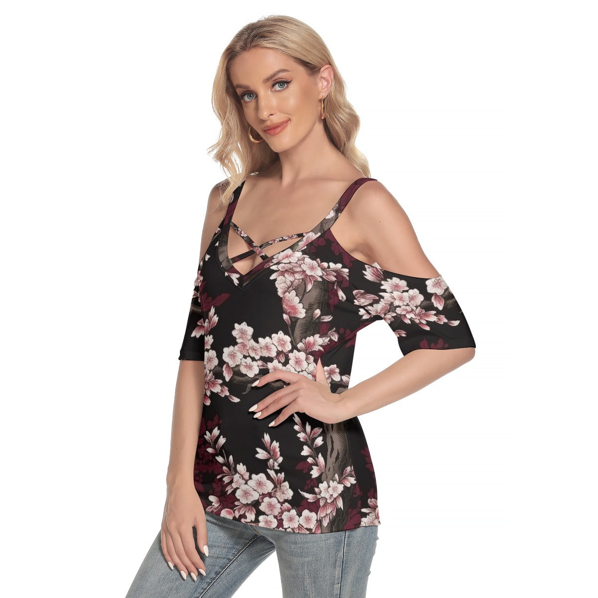 All-Over Print Women's Cold Shoulder T-shirt With Criss Cross Strips