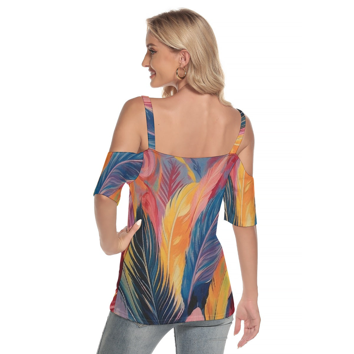 All-Over Print Women's Cold Shoulder T-shirt With Criss Cross Strips