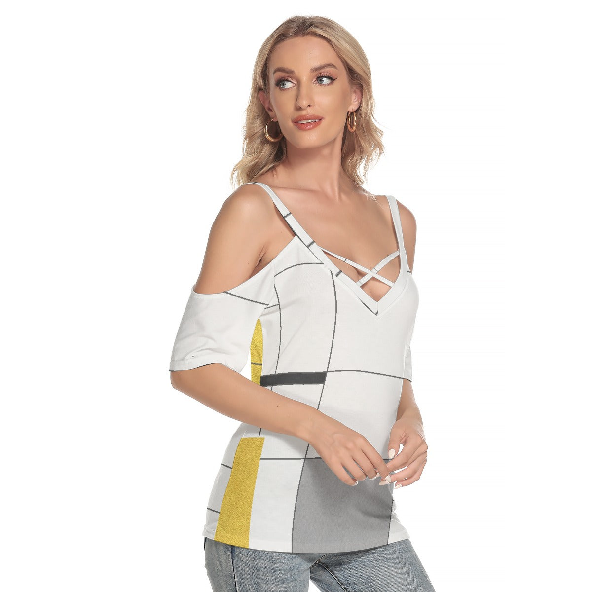 All-Over Print Women's Cold Shoulder T-shirt With Criss Cross Strips