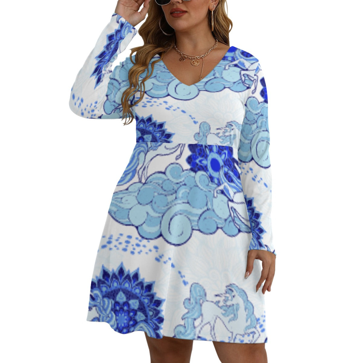 All-Over Print Women's V-neck Long Sleeve Dress(Plus Size)