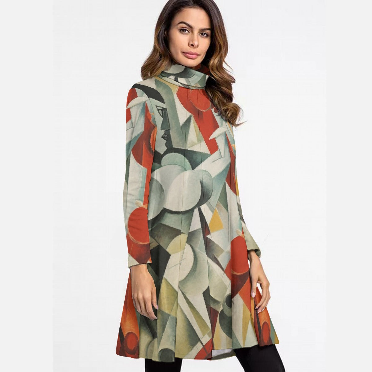 All-Over Print Women's High Neck Dress With Long Sleeve