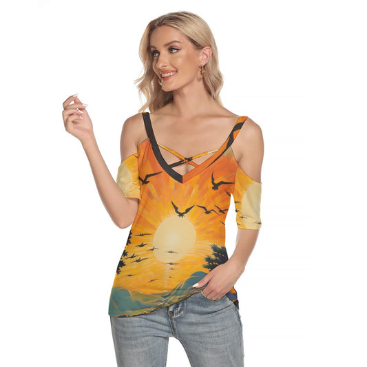 All-Over Print Women's Cold Shoulder T-shirt With Criss Cross Strips