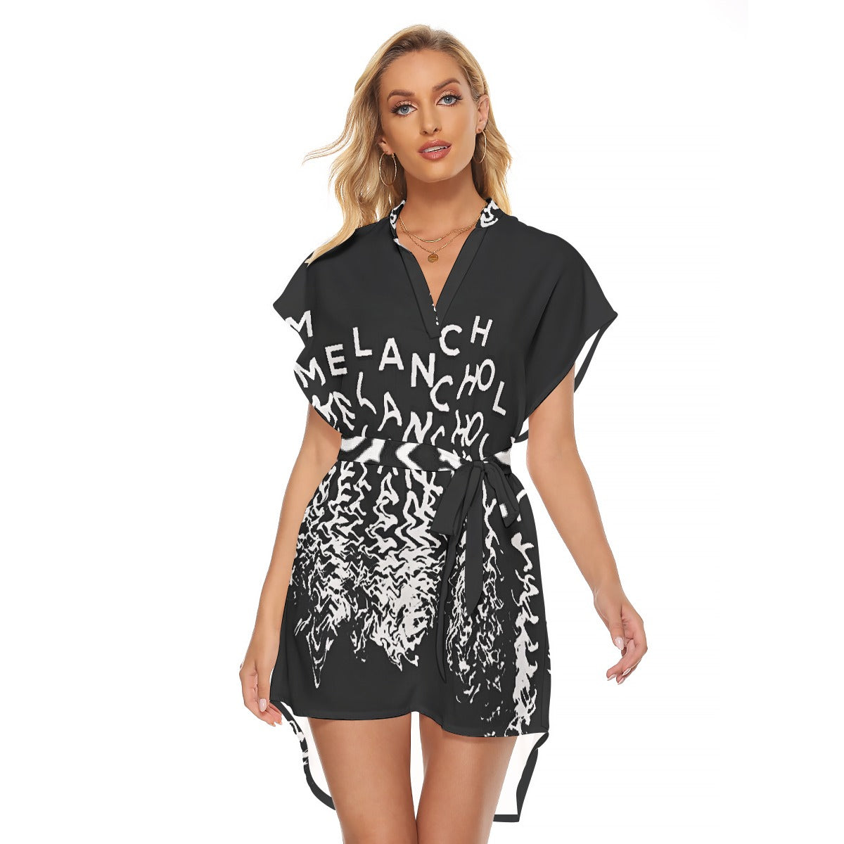 All-Over Print Women's Stand-up Collar Casual Dress With Belt