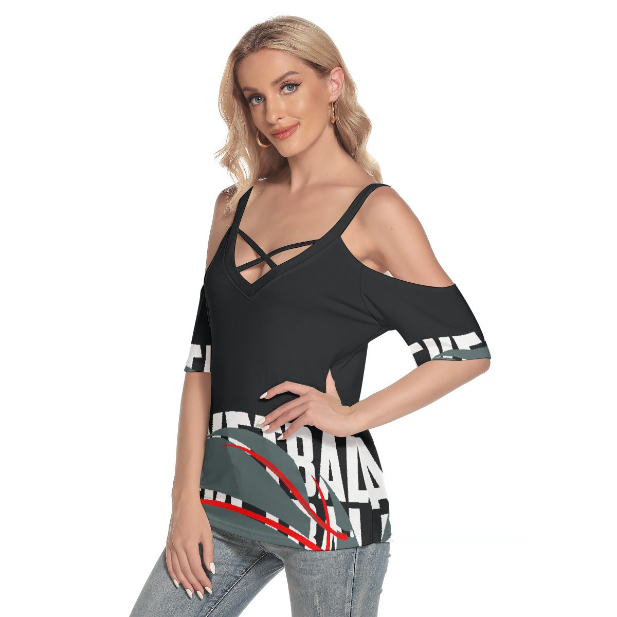 All-Over Print Women's Cold Shoulder T-shirt With Criss Cross Strips