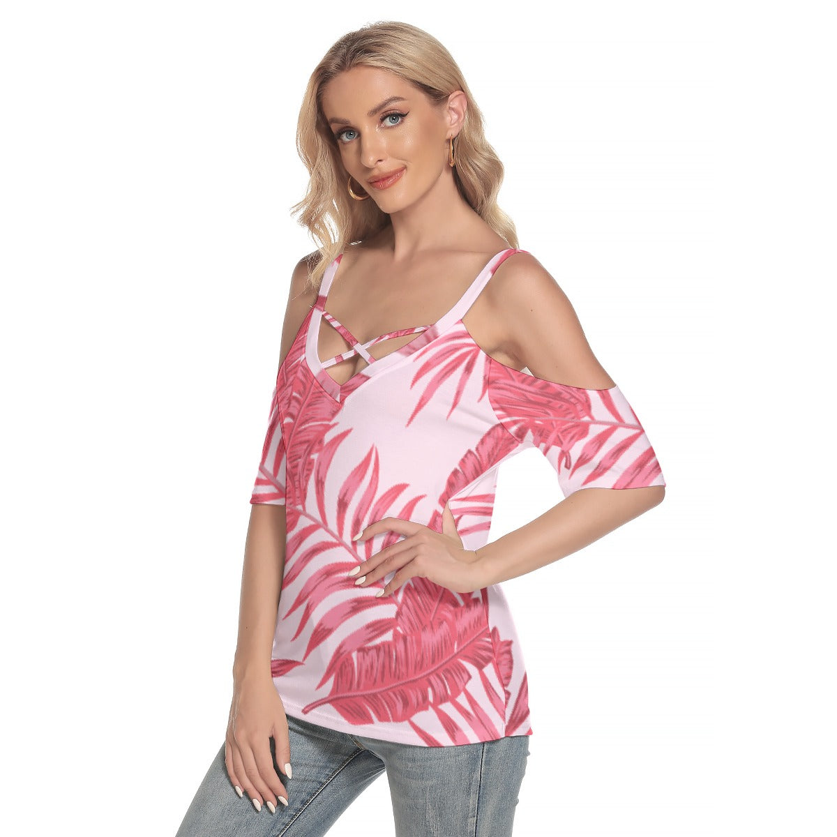 All-Over Print Women's Cold Shoulder T-shirt With Criss Cross Strips