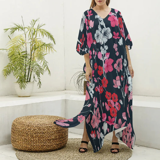 All-Over Print Women's Imitation Silk V-neck Kaftan Robe