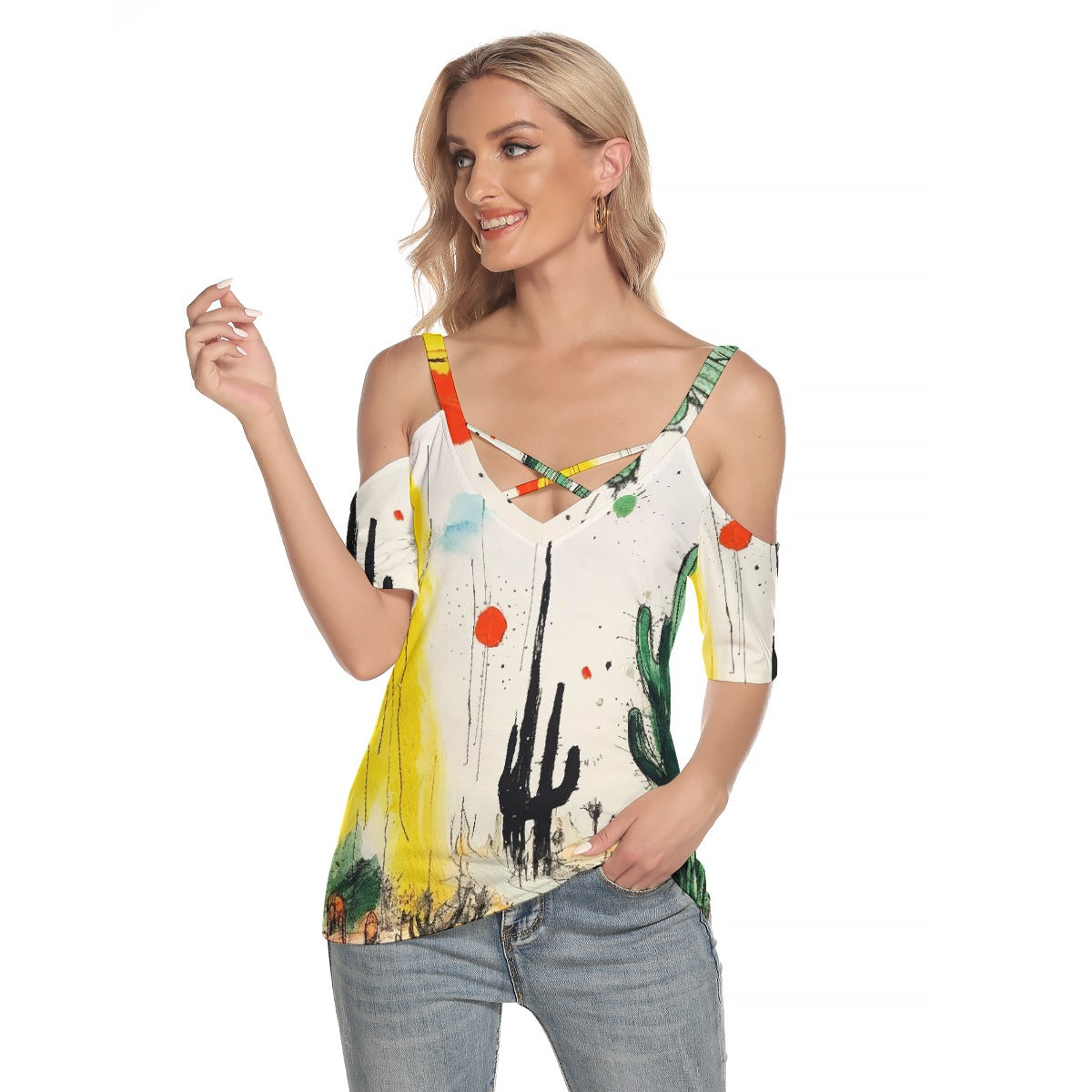 All-Over Print Women's Cold Shoulder T-shirt With Criss Cross Strips