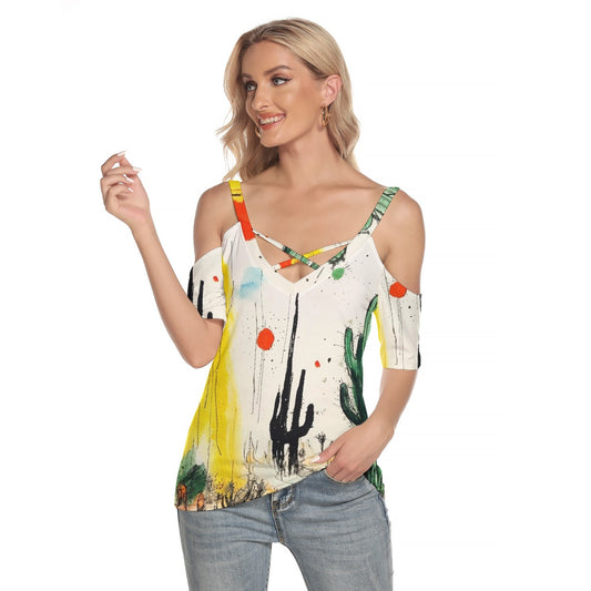 All-Over Print Women's Cold Shoulder T-shirt With Criss Cross Strips