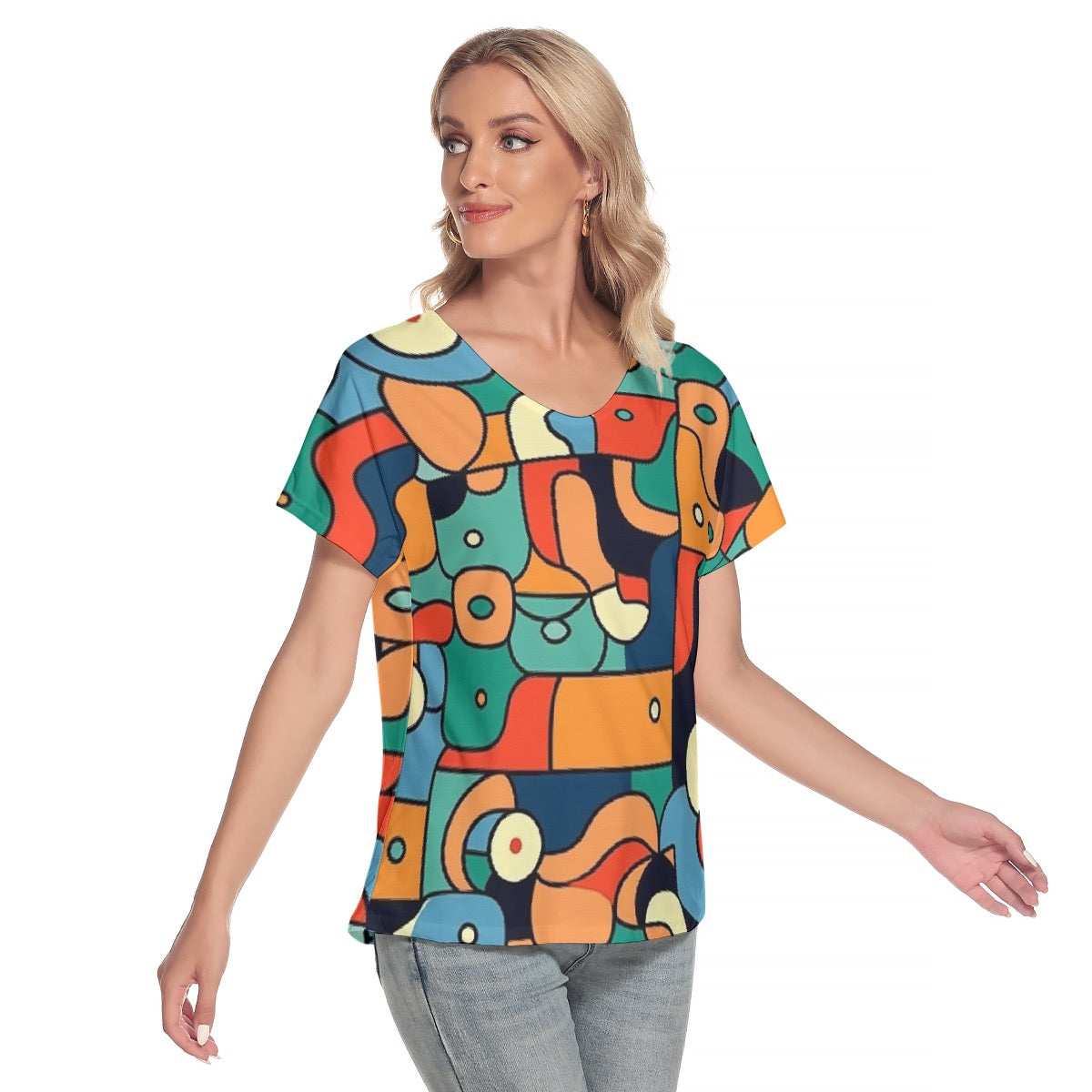 All-Over Print Women's Loose V-neck Short Sleeve T-shirt