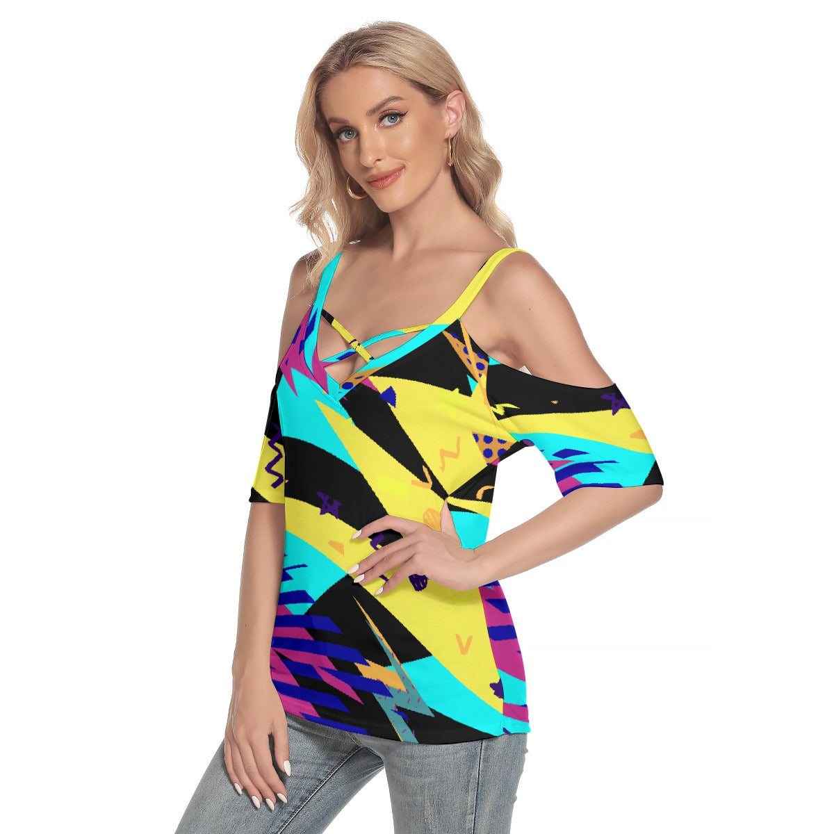 All-Over Print Women's Cold Shoulder T-shirt With Criss Cross Strips