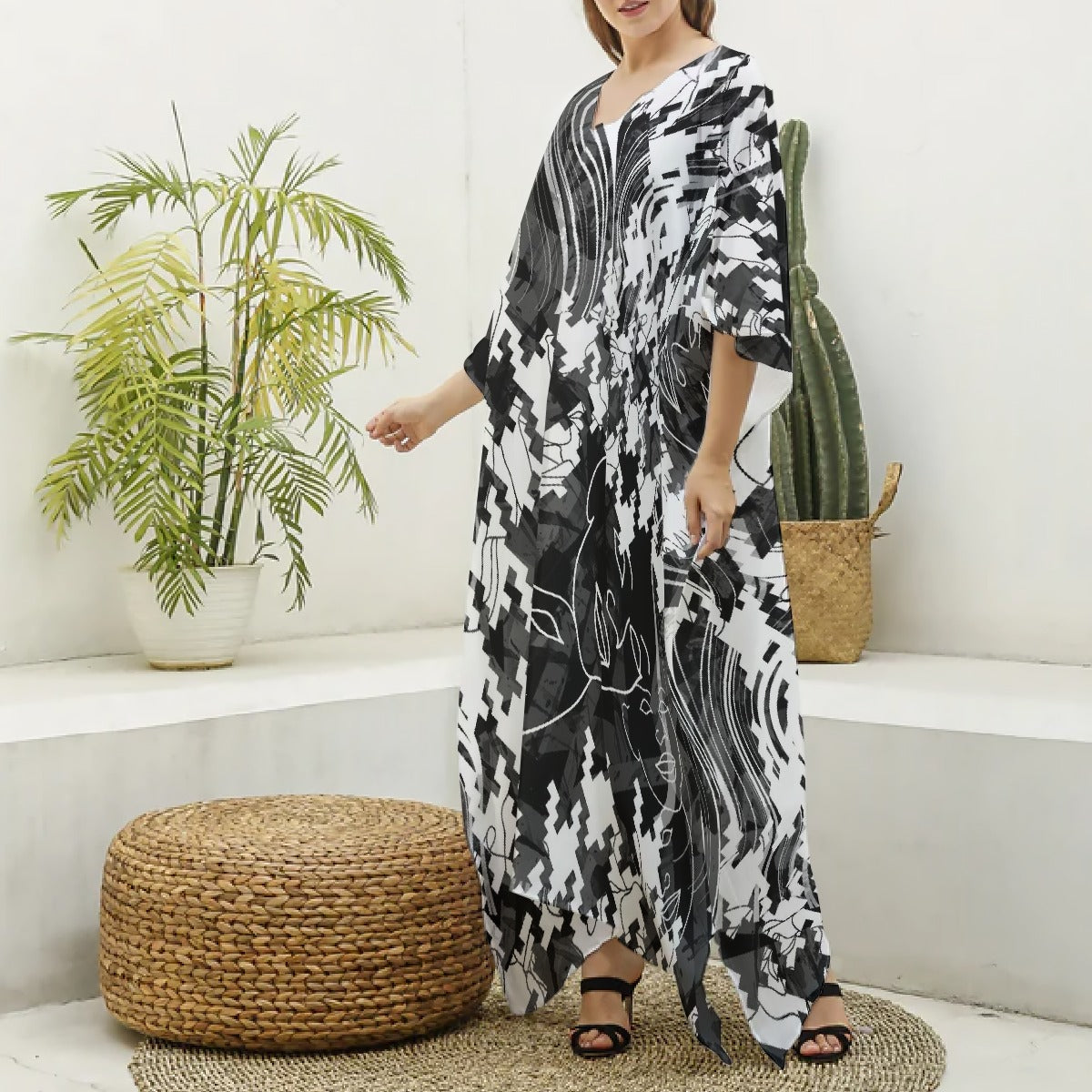 All-Over Print Women's Imitation Silk V-neck Kaftan Robe