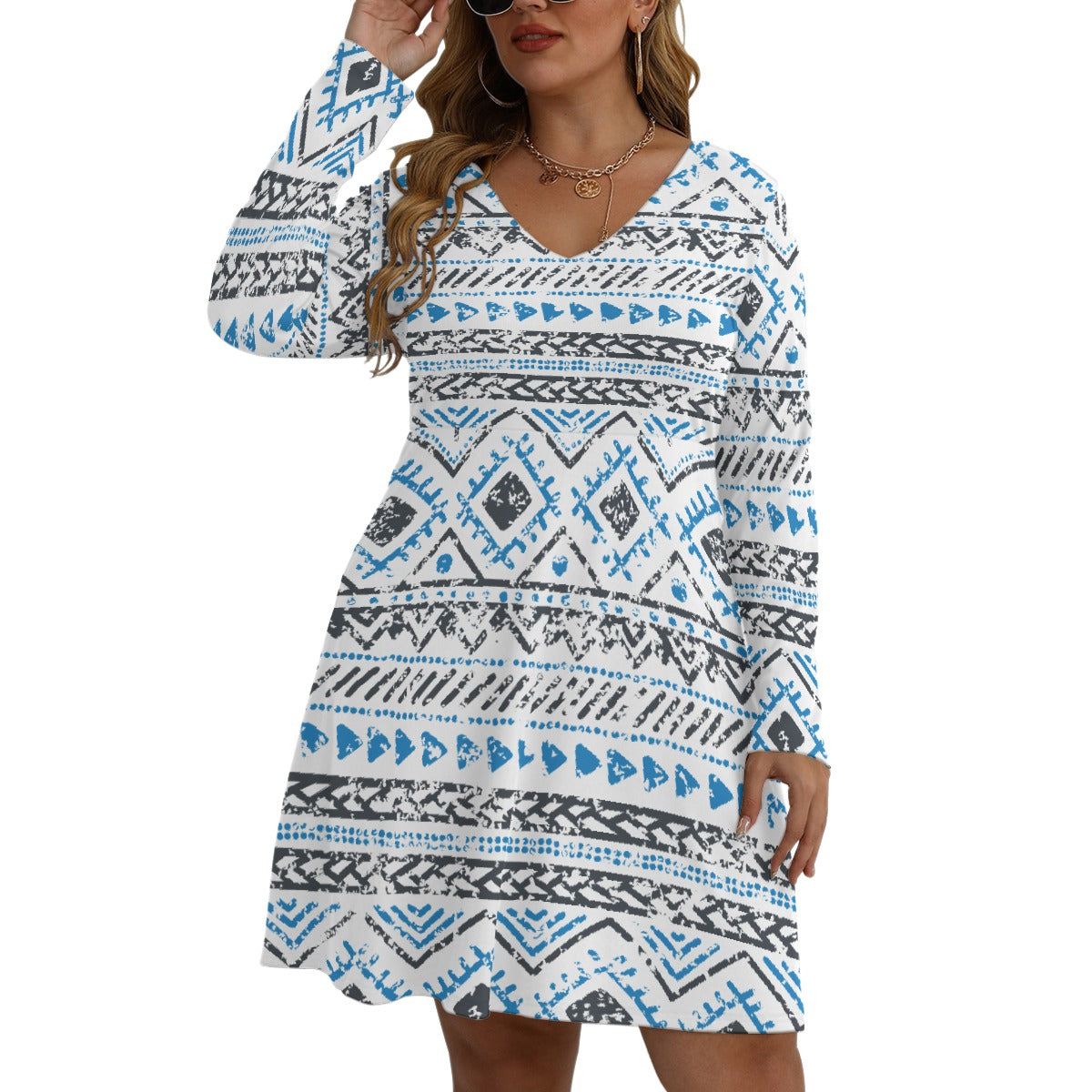 All-Over Print Women's V-neck Long Sleeve Dress(Plus Size)