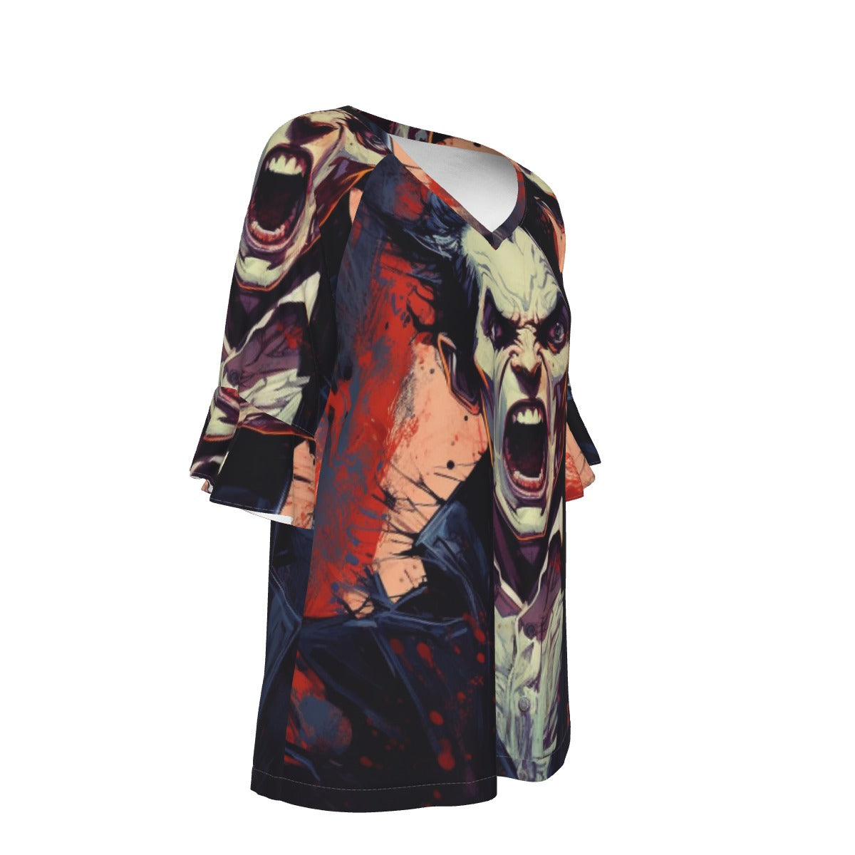 All-Over Print V-neck Women's T-shirt With Bell Sleeve