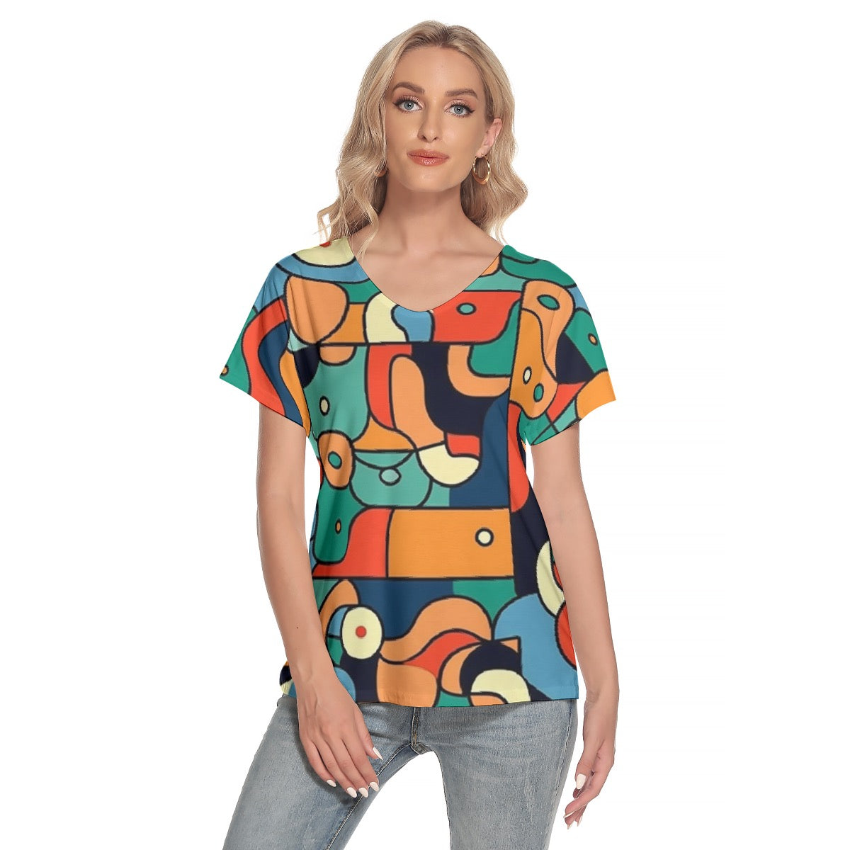 All-Over Print Women's Loose V-neck Short Sleeve T-shirt