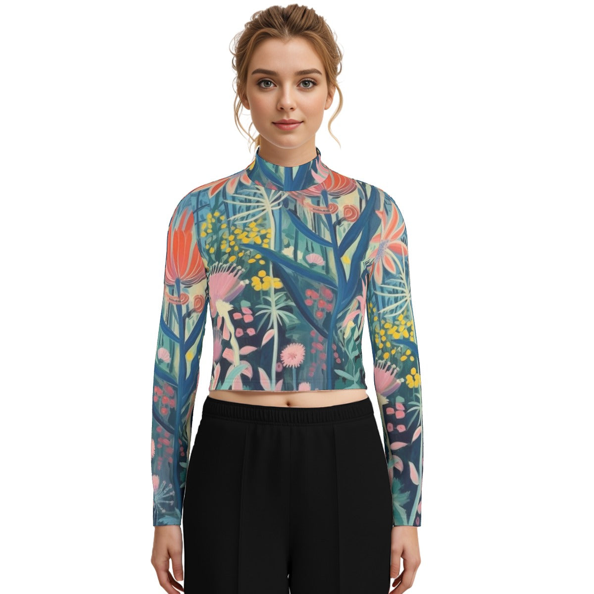 Eco-Friendly All-Over Print Women's Turtleneck T-shirt With Long Sleeve