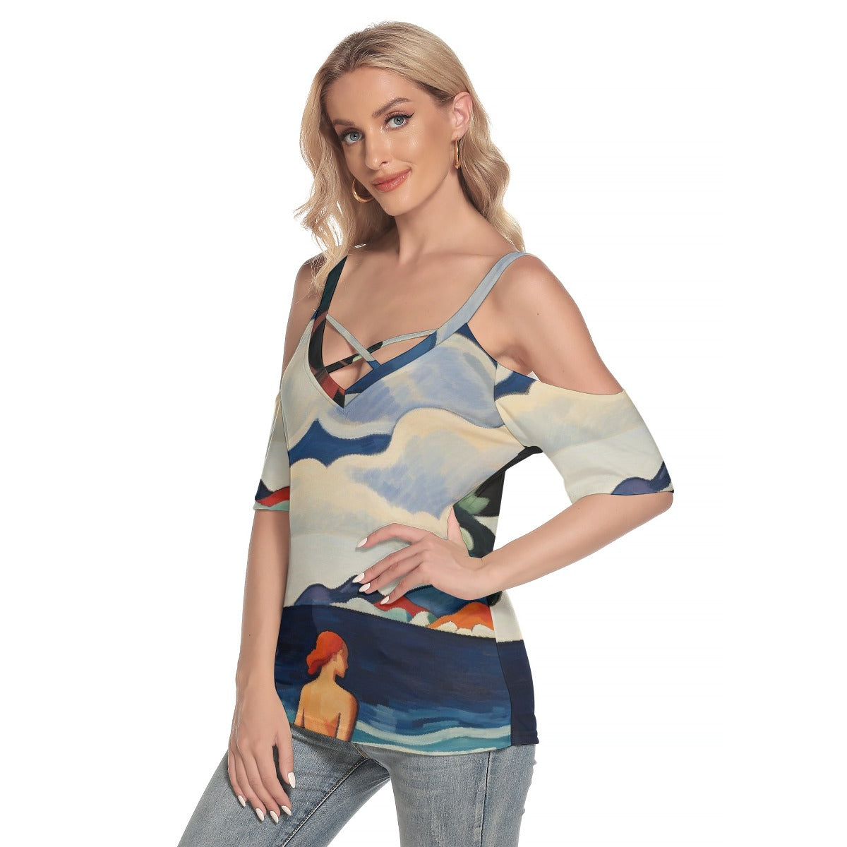 All-Over Print Women's Cold Shoulder T-shirt With Criss Cross Strips