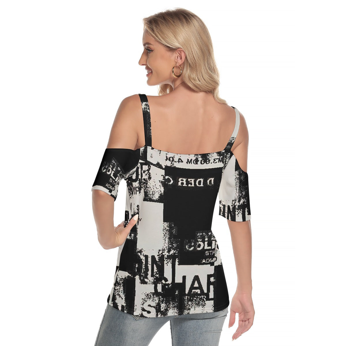 All-Over Print Women's Cold Shoulder T-shirt With Criss Cross Strips