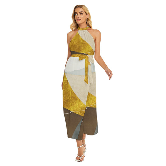 All-Over Print Women's Wrap Hem Belted Halter Dress