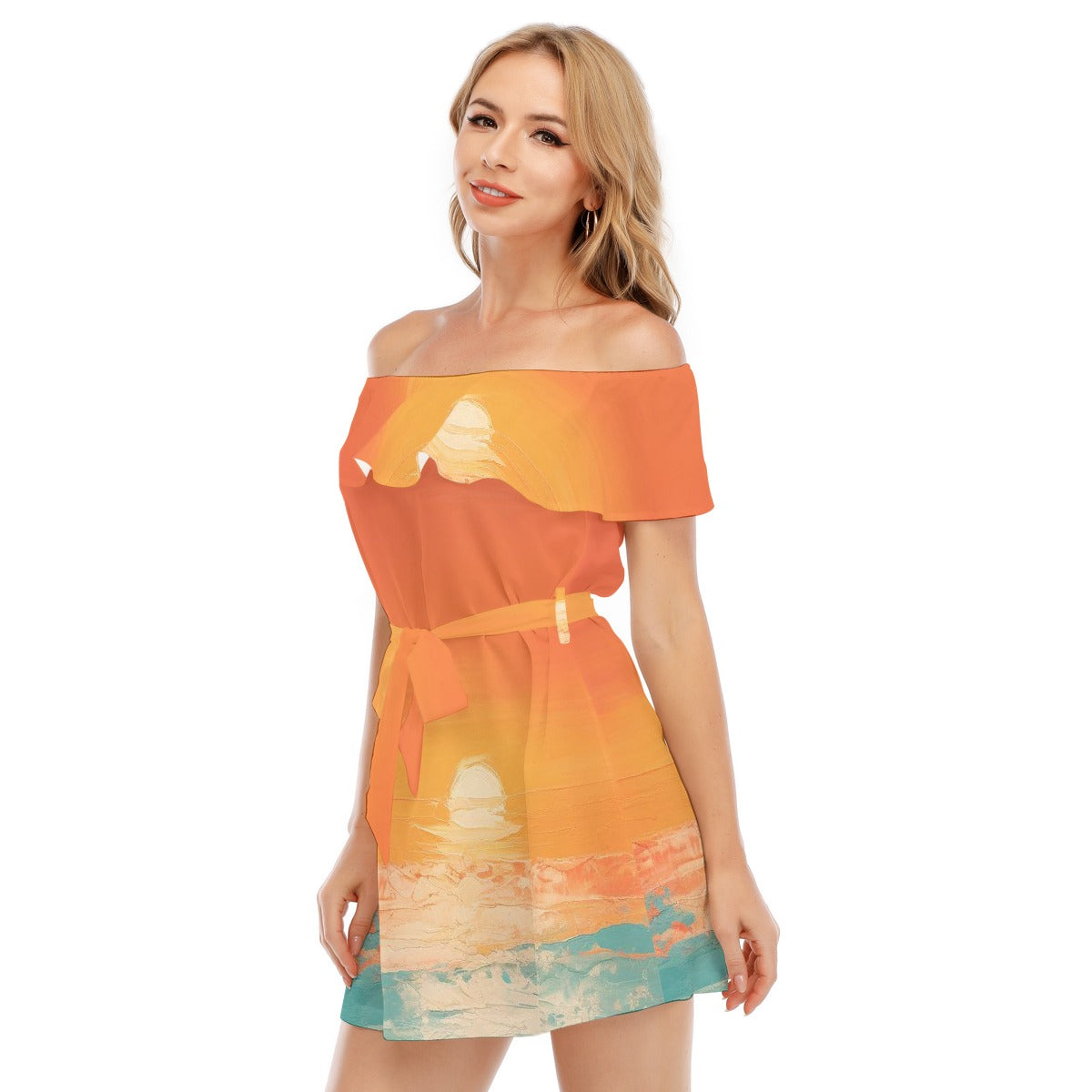 All-Over Print Women's Off-shoulder Dress With Ruffle