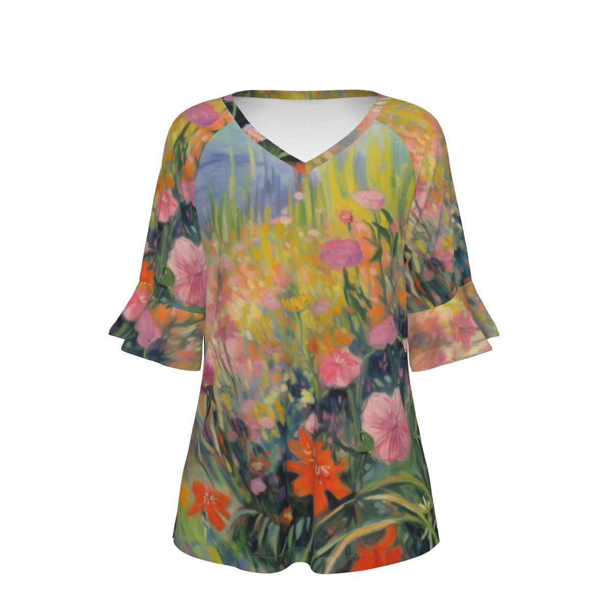 All-Over Print V-neck Women's T-shirt With Bell Sleeve