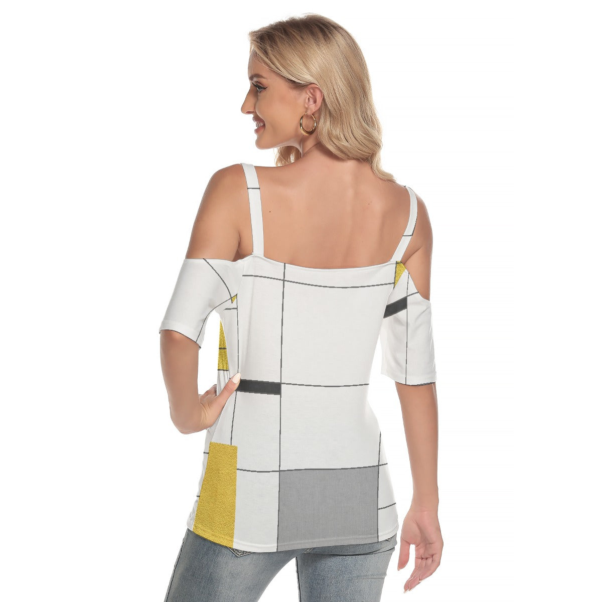 All-Over Print Women's Cold Shoulder T-shirt With Criss Cross Strips