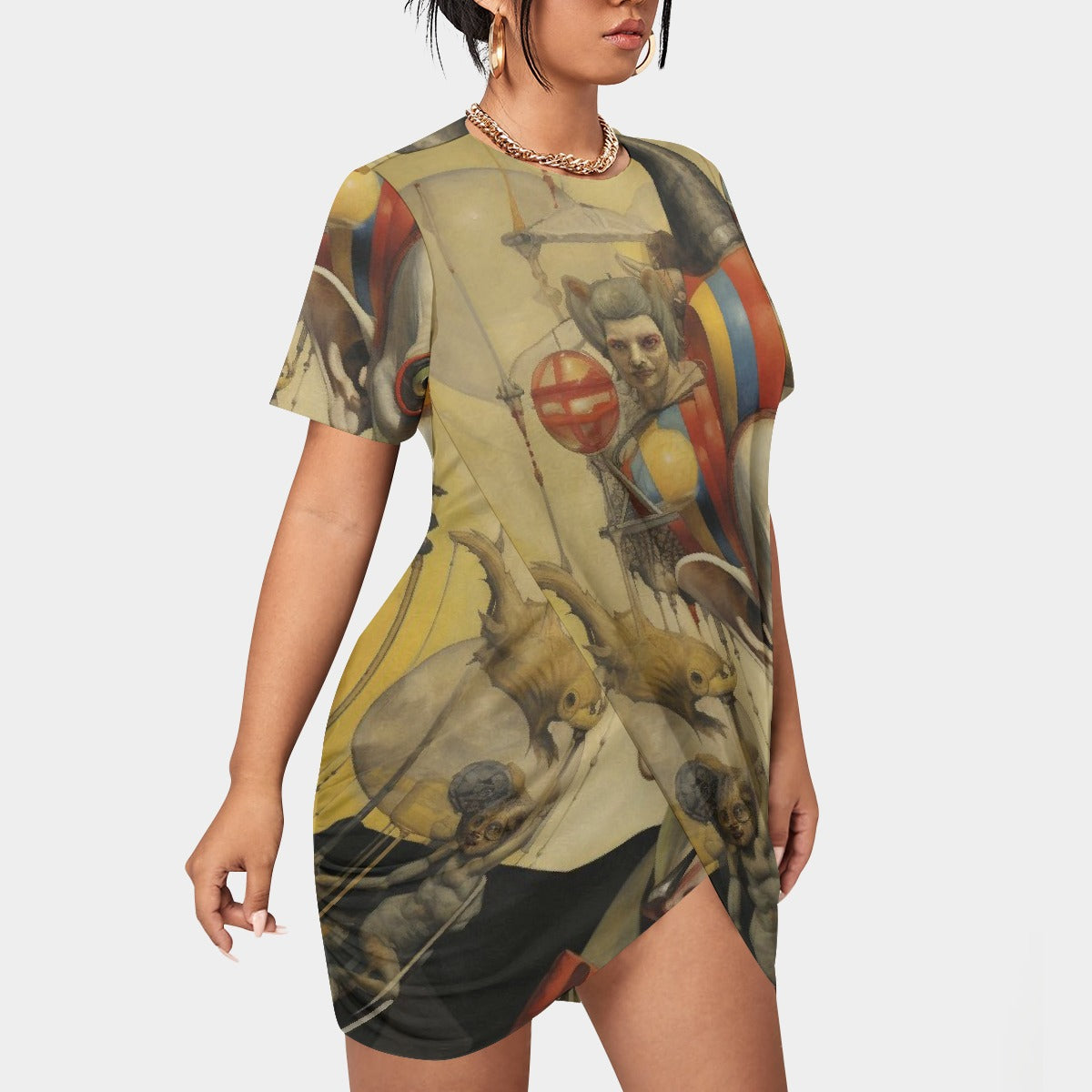 All-Over Print Women’s Stacked Hem Dress With Short Sleeve（Plus Size）