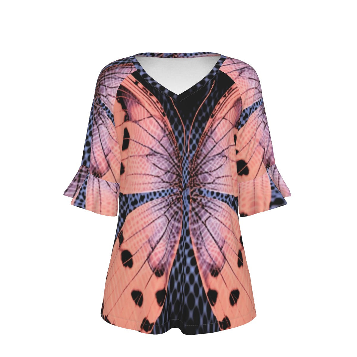 All-Over Print V-neck Women's T-shirt With Bell Sleeve