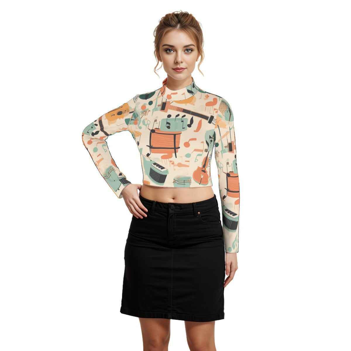 Eco-Friendly All-Over Print Women's Turtleneck T-shirt With Long Sleeve