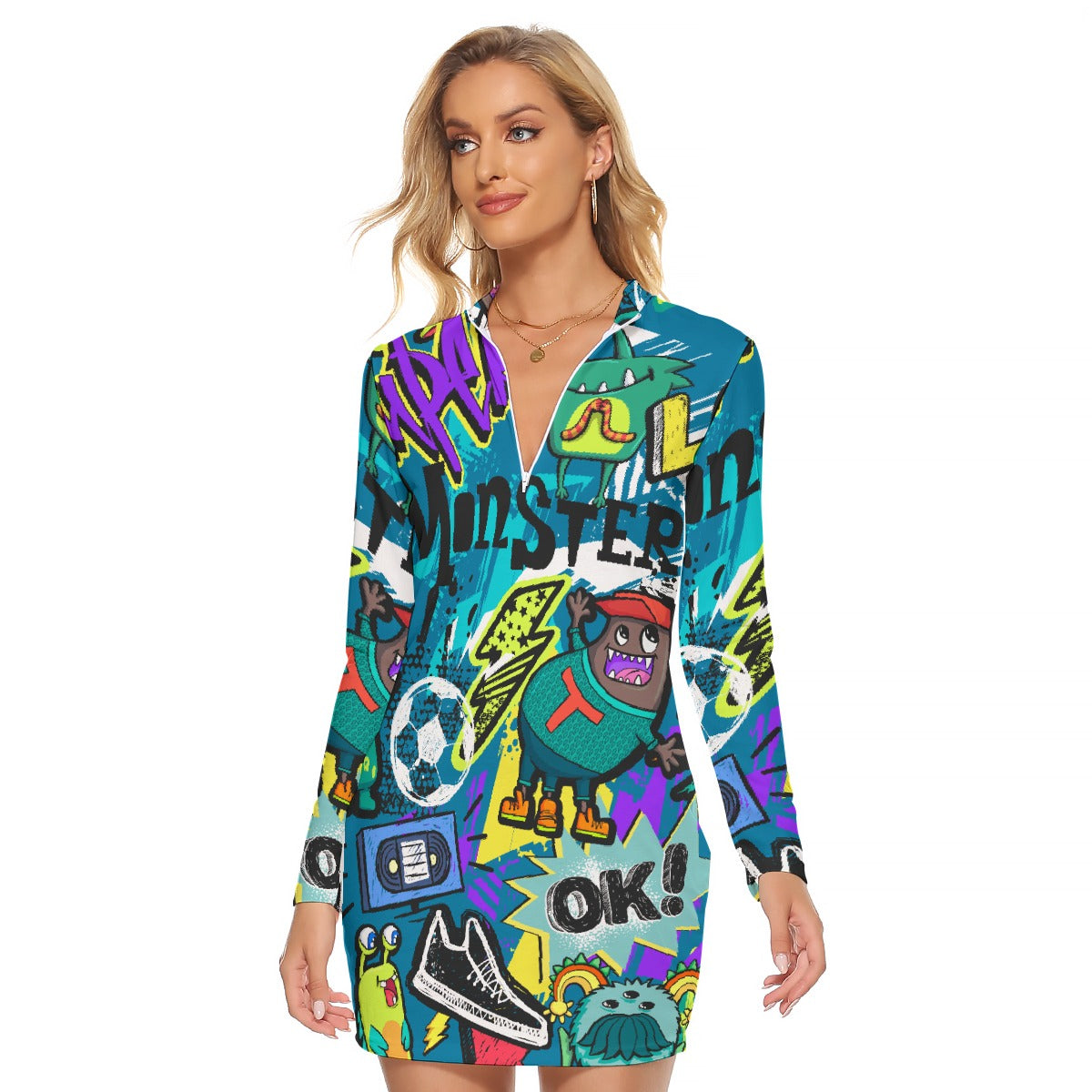 All-Over Print Women's Zip Front Tight Dress