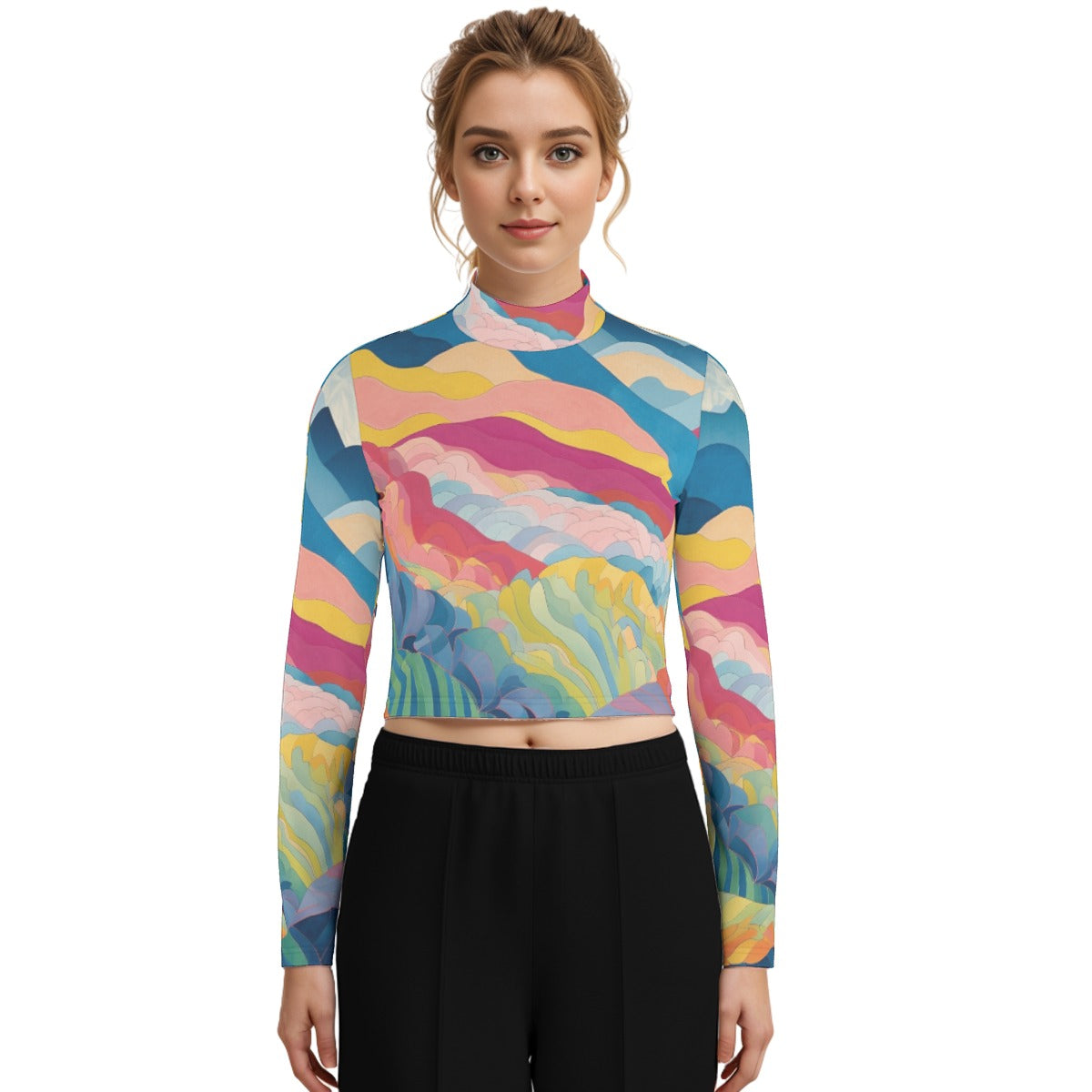 Eco-Friendly All-Over Print Women's Turtleneck T-shirt With Long Sleeve