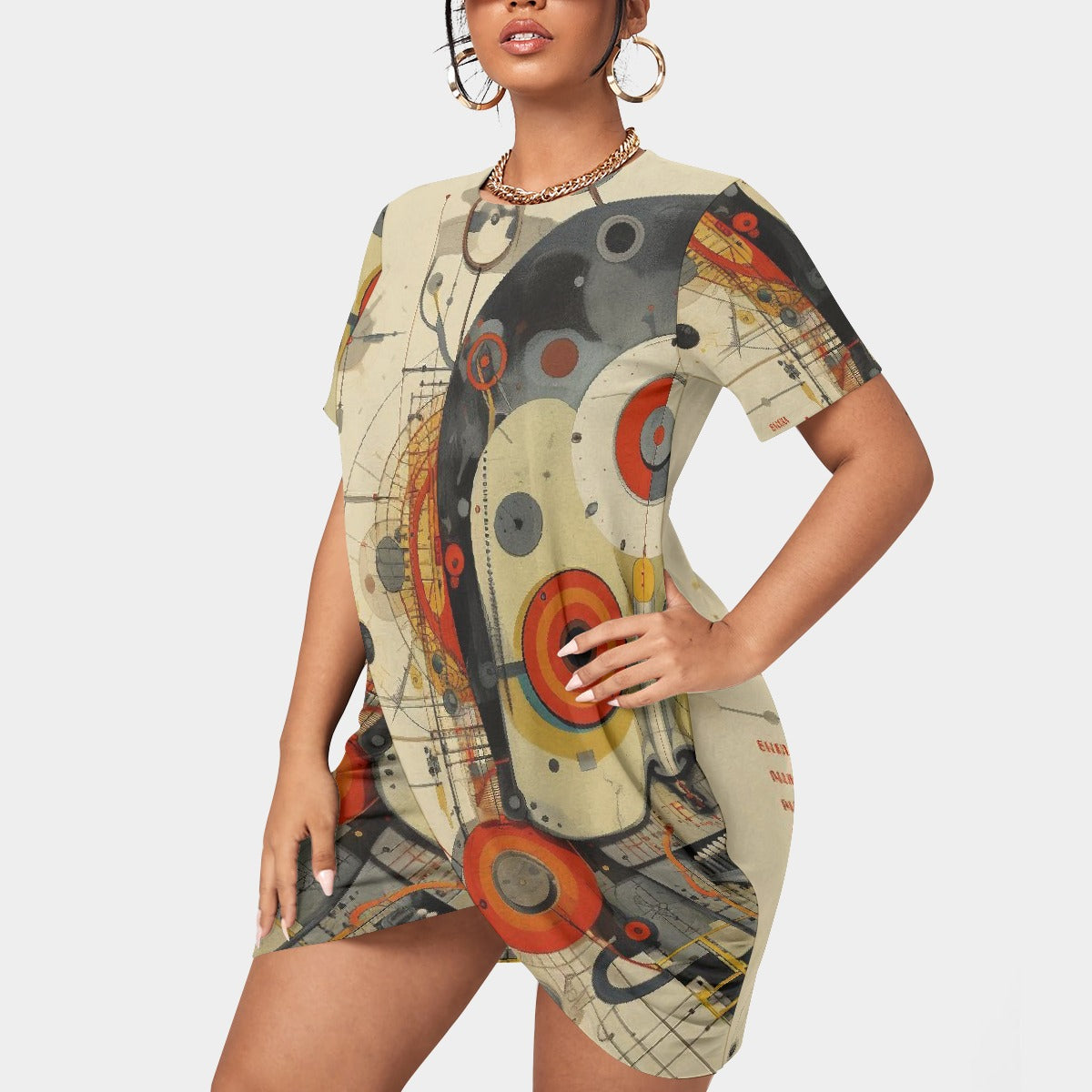 All-Over Print Women’s Stacked Hem Dress With Short Sleeve（Plus Size）