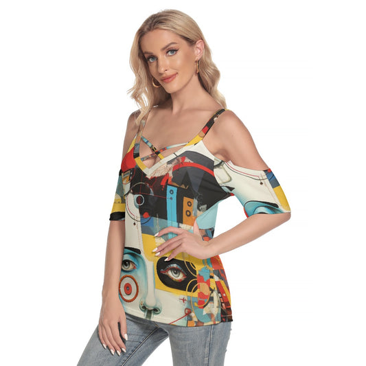 All-Over Print Women's Cold Shoulder T-shirt With Criss Cross Strips