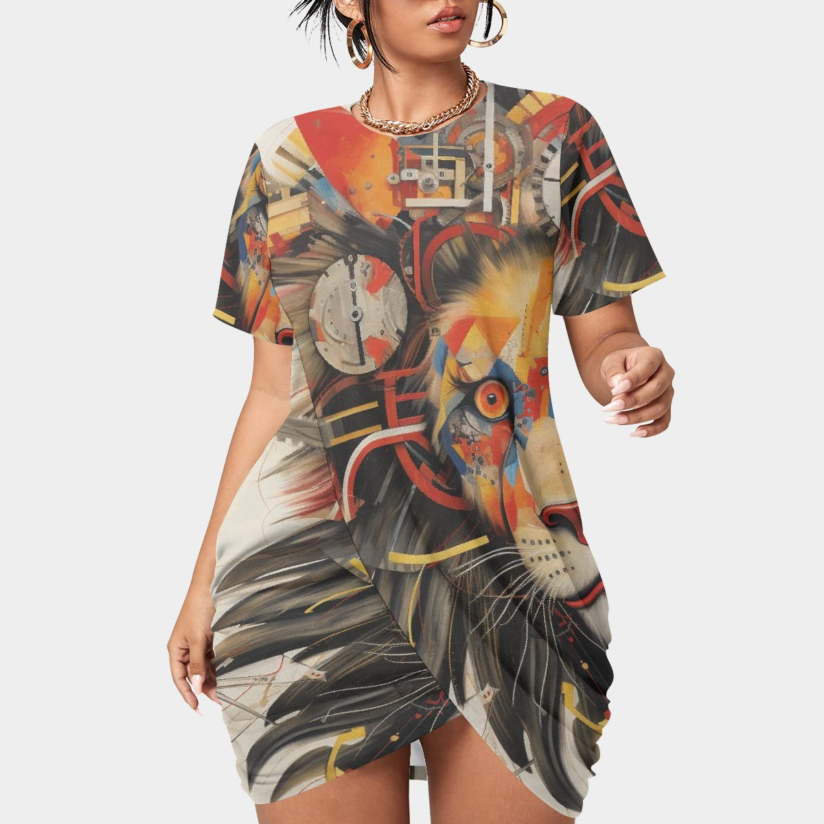 All-Over Print Women’s Stacked Hem Dress With Short Sleeve（Plus Size）