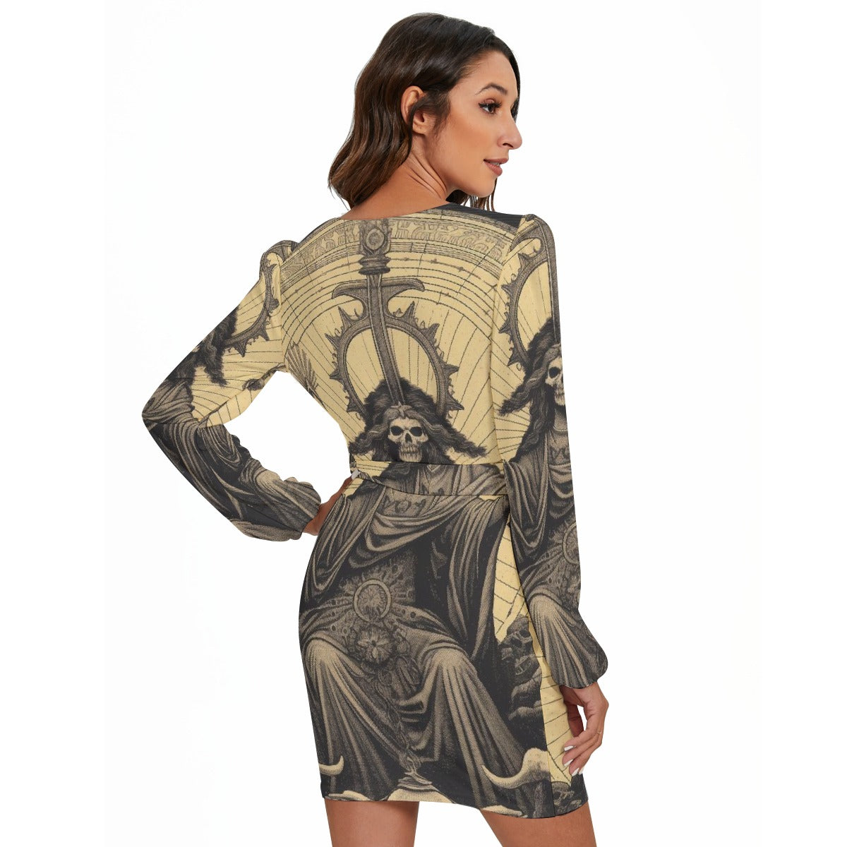 All-Over Print Women's Long Sleeve Dress With Waist Belt