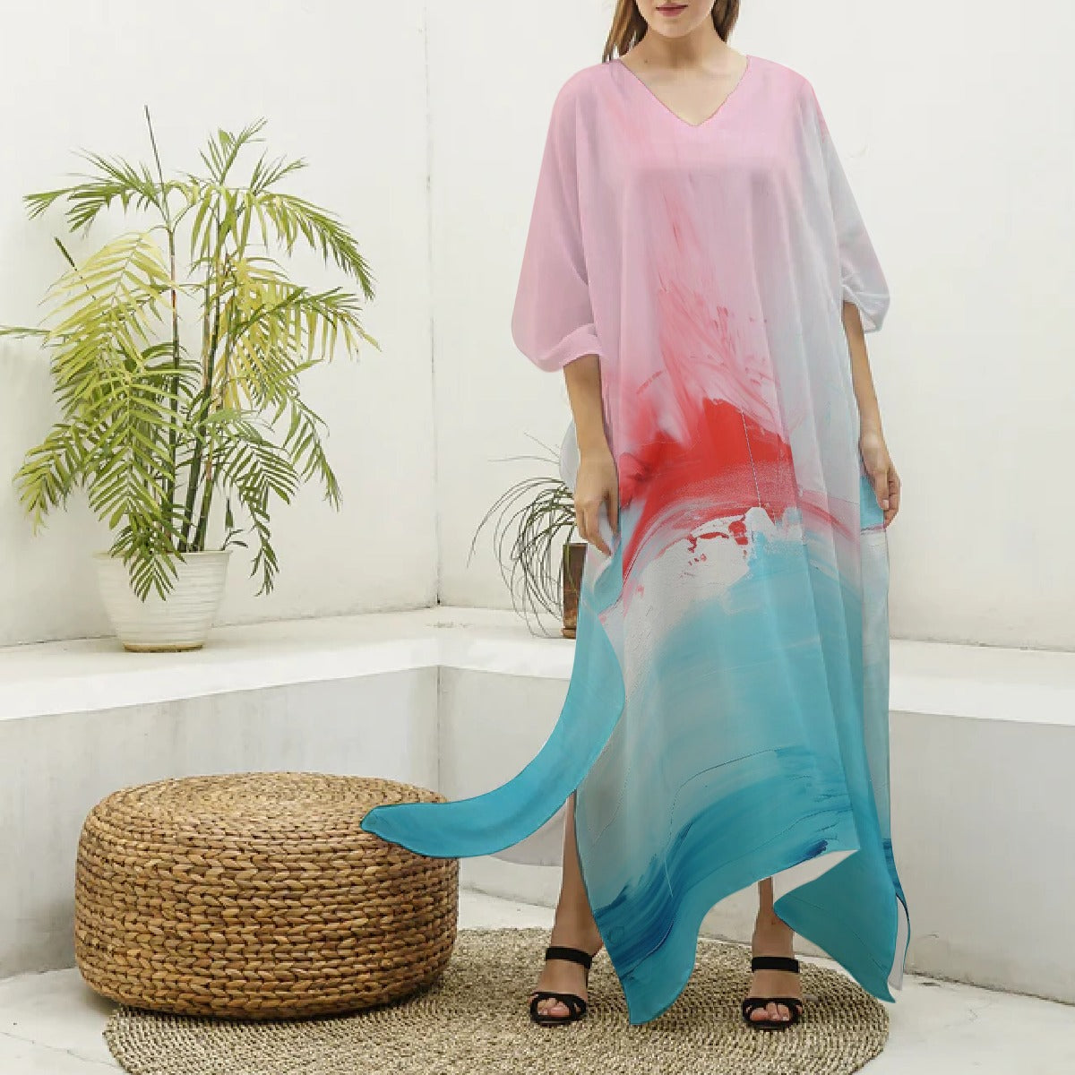 All-Over Print Women's Imitation Silk V-neck Kaftan Robe