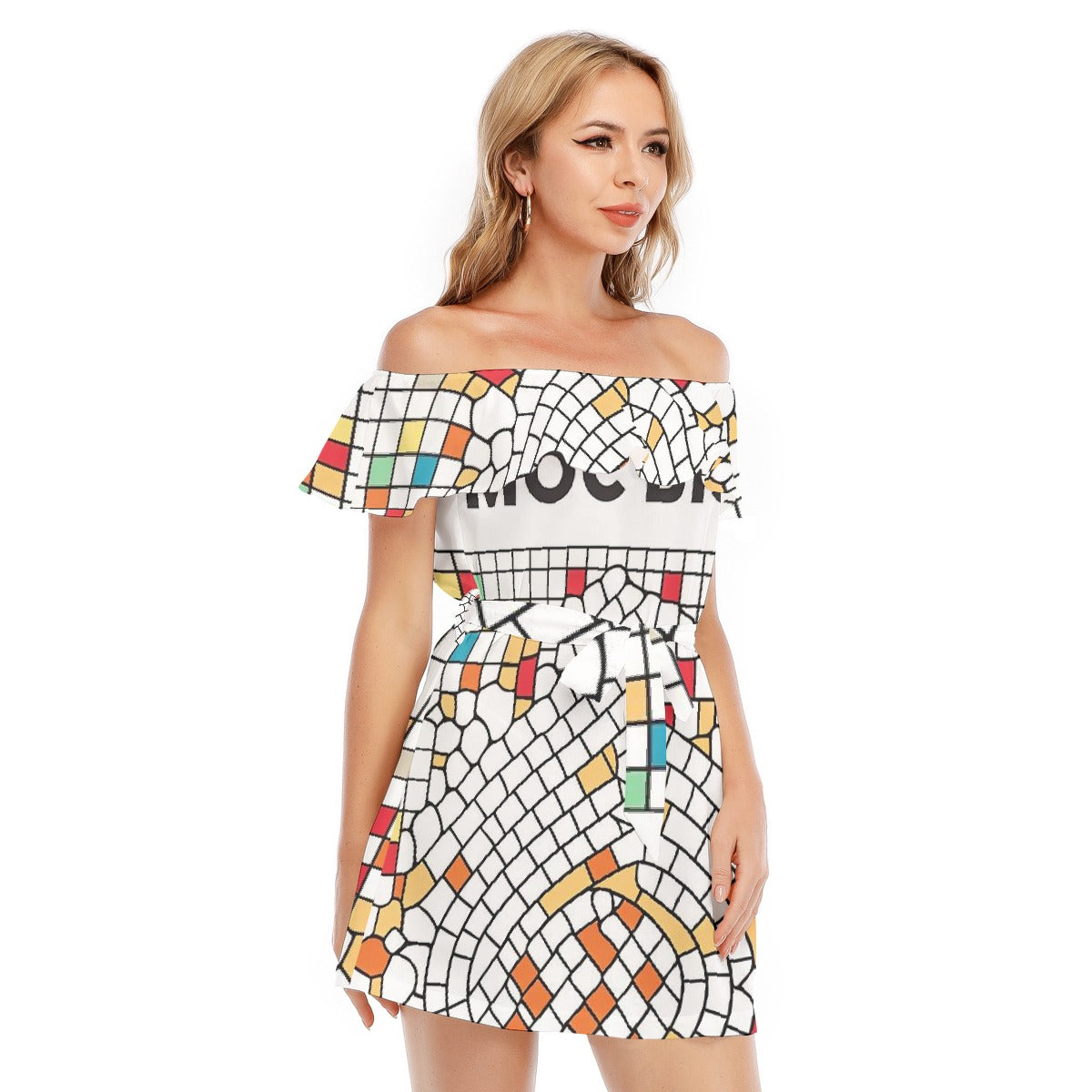 All-Over Print Women's Off-shoulder Dress With Ruffle