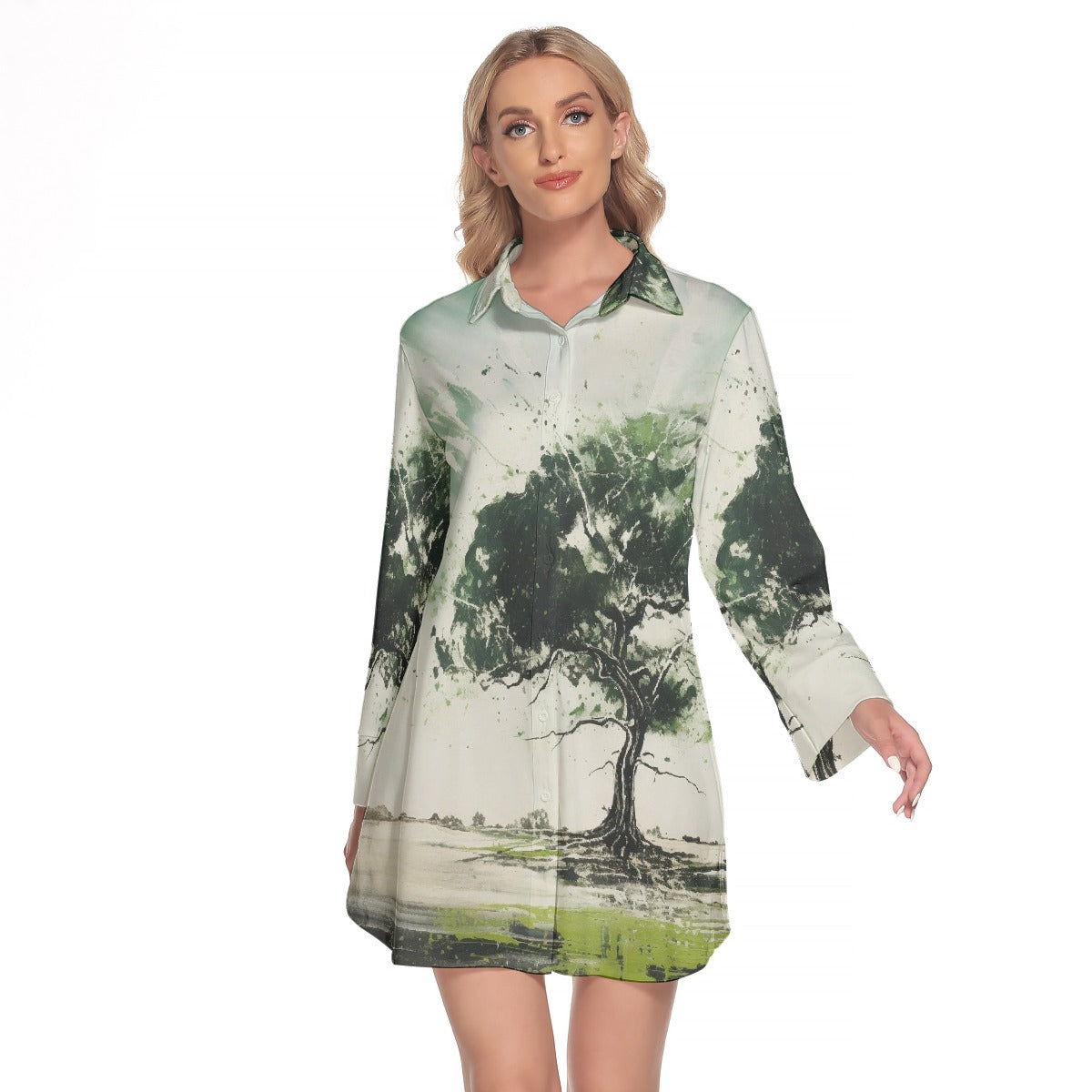 All-Over Print Women's Lapel Shirt Dress With Long Sleeve