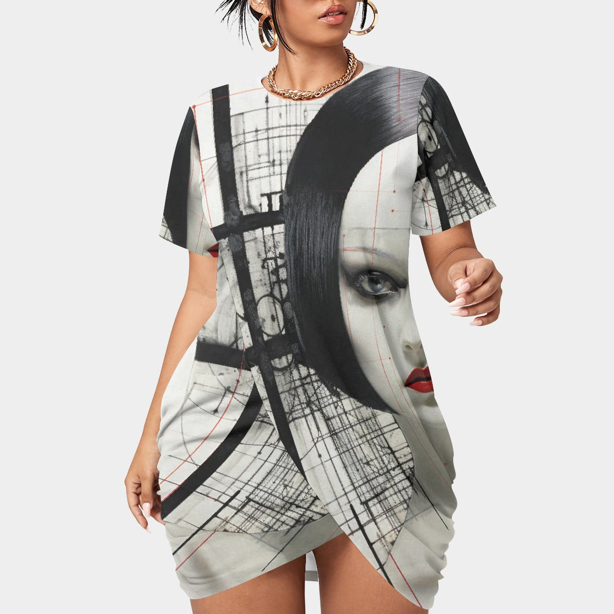 All-Over Print Women’s Stacked Hem Dress With Short Sleeve（Plus Size）