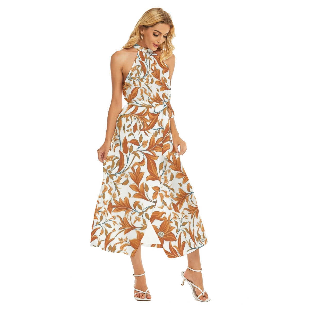 All-Over Print Women's Wrap Hem Belted Halter Dress